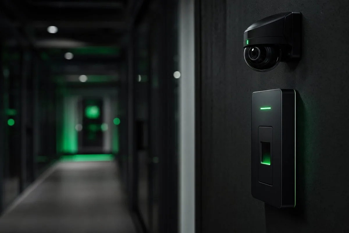 Modern access-control reader and security camera in a secured corridor